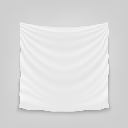 Creative vector illustration of hanging empty white cloth isolated on background. Art design banner fabric textile with shadow. Blank flag. Abstract concept graphic element.のイラスト素材