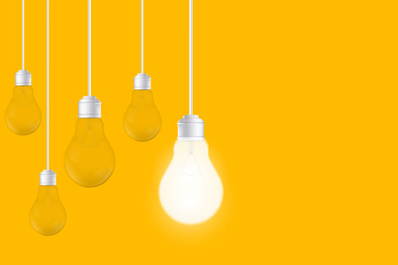 Creative vector of isolated light bulbs on yellow background. Art design illustration new ideas with innovation, creativity. Abstract concept graphic LED lightbulb element. Business leadership.のイラスト素材
