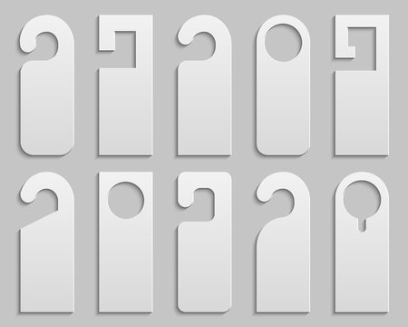 Creative vector illustration of realistic plastic paper door handle lock hangers set isolated on background. Art design empty blank mockup. For text - do not Disturb. Abstract concept graphic element.のイラスト素材