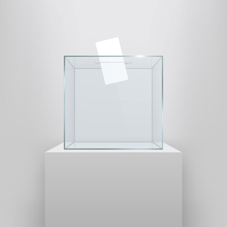 Creative vector illustration of realistic empty transparent ballot box with voting paper in hole isolated on background.のイラスト素材
