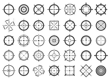 Creative vector illustration of crosshairs icon set isolated on transparent background. Art design. Target aim and aiming to bullseye signs symbol. Abstract concept graphic games shooters element.のイラスト素材