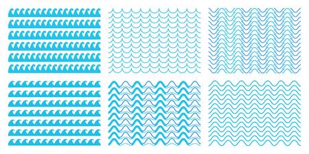 Creative vector illustration of blue sea line ornament set isolated on transparent background. Art design seamless marine wave decoration pattern. Abstract concept curvy, zigzag wavy paper element.のイラスト素材