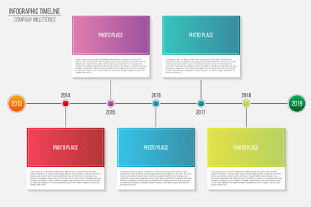 Creative vector illustration of infographic company milestones timeline template isolated on transparent background. Photo placeholders. Art design. Abstract concept process diagram, graphic element.のイラスト素材
