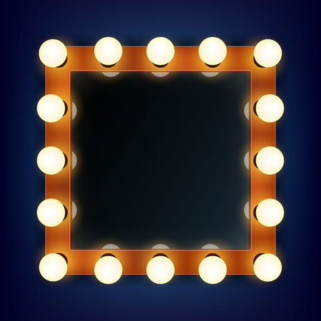 Creative vector illustration of makeup frame with light, volumetric marquee mirror isolated on transparent background. Art design retro electric bulbs, glowing lamps. Abstract concept graphic element.のイラスト素材