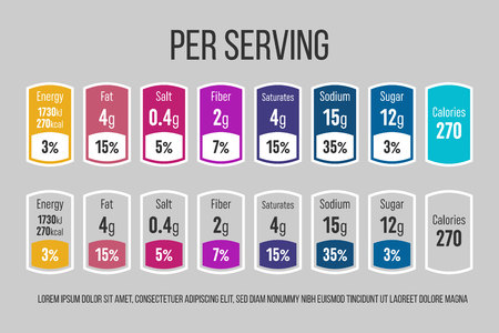 Creative vector illustration of nutrition facts information label for cereal box package isolated on transparent background. Design daily value ingredient amounts guideline calories, cholesterol, fat.のイラスト素材