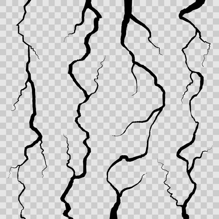 Creative vector illustration of realistic wall cracks set isolated on transparent background. Art design fracture rift on surface ground. Abstract concept graphic cleft broken collapse element.のイラスト素材