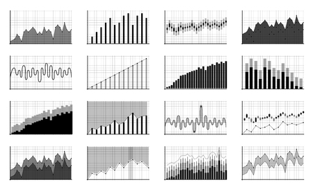 Creative vector illustration of business data financial charts. Finance diagram art design. Growing, falling market stock analysis graphics set. Concept graphic report element. Profit summary toolsのイラスト素材