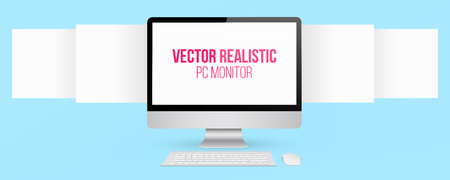 Creative vector illustration of render monitor mock up with blank screen isolated on the background. Computer display, mouse, keyboard. Art design. 3D Front view. Abstract concept graphic elementのイラスト素材