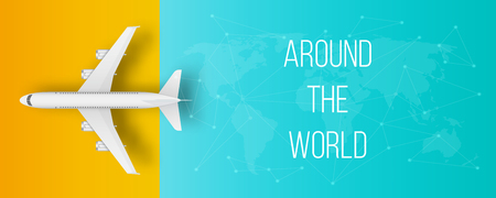 Creative vector illustration of plane isolated on colorful background. Top view airplane. Travel art design of summer vacation. Copy space for you presentation. Abstract concept graphic elementのイラスト素材