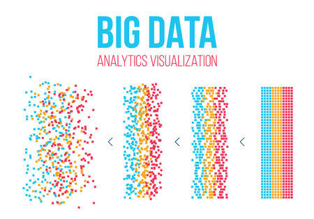 Creative vector illustration of BIG DATA analysis of Information. Science and technology background. Web display screen art design. Abstract concept graphic element for visual future analyze codeのイラスト素材