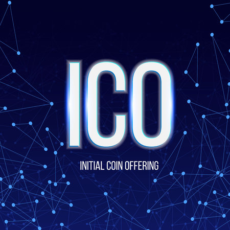 Creative vector illustration of ICO initial coin offering banner background. Blockchain business event cryptocurrency bitcoin sale. Concept IT startup crowdfunding. Virtual digital electronic moneyのイラスト素材
