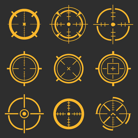 Creative vector illustration of crosshairs icon set isolated on transparent background. Art design. Target aim and aiming to bullseye signs symbol. Abstract concept graphic games shooters elementのイラスト素材