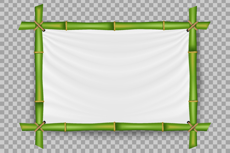 Creative vector illustration of bamboo stems frame isolated on background. Art design blank mockup template. Rope, paper, silk canvas. Abstract concept tropical signboard. Empty place for your textのイラスト素材
