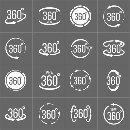 Creative vector illustration of 360 degrees view related sign set isolated on transparent background. Art design. Abstract concept graphic rotation arrows, panorama, virtual reality helmet elementのイラスト素材