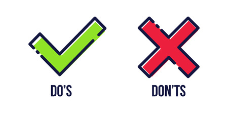 Creative vector illustration of green tick, red cross isolated on transparent background. Art design with text do and dont. Right or wrong. True or false. Abstract concept graphic elementのイラスト素材