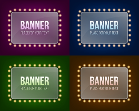 Creative vector illustration of illuminated realistic shine string bulbs banner isolated on transparent background. Art design glowing billboard hollywood lights. Abstract concept graphic element.のイラスト素材