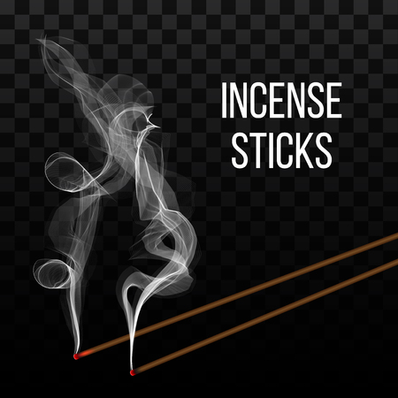 Creative vector illustration of realistic incense stick aroma with smoke isolated on transparent background. Art design incense burning. Abstract concept Chinese New Year graphic element.のイラスト素材