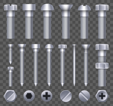 Creative vector illustration of steel brass bolts, metal screws, iron nails, rivets, washers, nuts hardware side view isolated on transparent background. Art design abstract concept graphic element.のイラスト素材