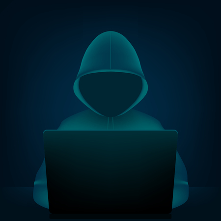 Creative vector illustration of computer hacker with hoodie and dark obscured face, pc laptop on background. Art design ybersecurity, internet security template. Abstract concept graphic element.のイラスト素材