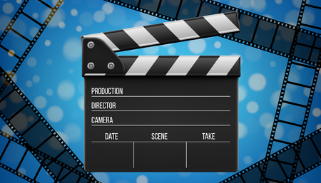 Creative vector illustration of 3d realistic movie clapperboard, film clapper isolated on transparent background. Art design cinema slate board template. Abstract concept graphic filmmaking element.のイラスト素材