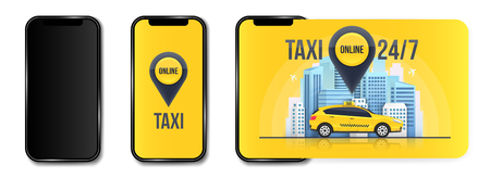 Creative vector illustration of taxi online service banner, urban city skyscrapers isolated on...