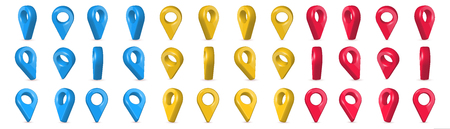 Creative vector illustration of locator, pin realistic 3d map pointers in various angle isolated on transparent background. Art design location symbols template. Abstract concept navigation element.のイラスト素材
