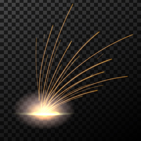 Creative vector illustration flash of electric welding metal fire with sparks isolated on transparent background. Art design during iron cutting template. Abstract concept graphic weld element.のイラスト素材
