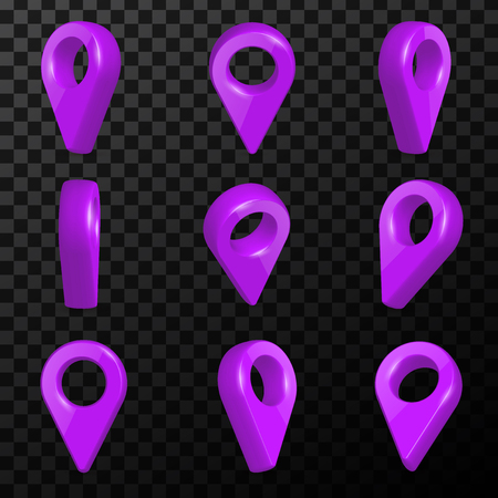 Creative vector illustration of locator, pin realistic 3d map pointers in various angle isolated on transparent background. Art design location symbols template. Abstract concept navigation element.のイラスト素材