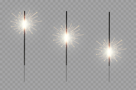 Creative vector illustration of christmas bengal fire glow light sparks isolated on transparent background. Art design bright fireworks template. Abstract concept graphic festive magic element.のイラスト素材