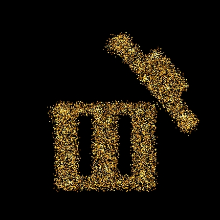 Gold glitter icon of trash box isolated on background. Art creative concept illustration for web, glow light confetti, bright sequins, sparkle tinsel, abstract bling, shimmer dust, foil.の写真素材