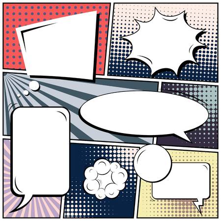 Abstract creative concept comic pop art style blank, layout template with clouds beams and isolated dots background. For sale banner, empty speech bubble set, illustration halftone book designの写真素材
