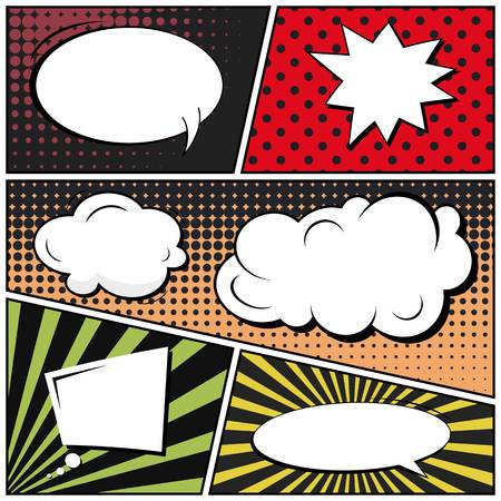 Abstract creative concept comic pop art style blank, layout template with clouds beams and isolated dots background. For sale banner, empty speech bubble set, illustration halftone book designの写真素材