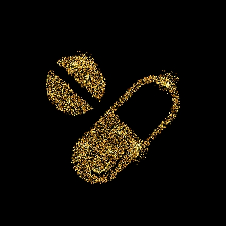 Gold glitter icon of pills isolated on background. Art creative concept illustration for web, glow light confetti, bright sequins, sparkle tinsel, abstract bling, shimmer dust, foil.の写真素材