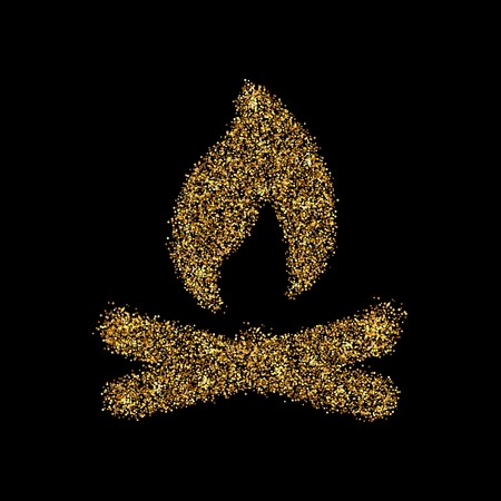 Gold glitter icon of bonfire isolated on background. Art creative concept illustration for web, glow light confetti, bright sequins, sparkle tinsel, bling logo, shimmer dust, foil.の写真素材
