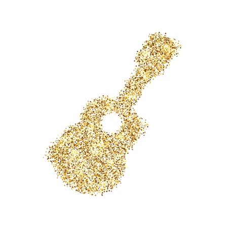 Gold glitter icon of guitar isolated on background. Art creative concept illustration for web, glow light confetti, bright sequins, sparkle tinsel, abstract bling, shimmer dust, foil.の写真素材