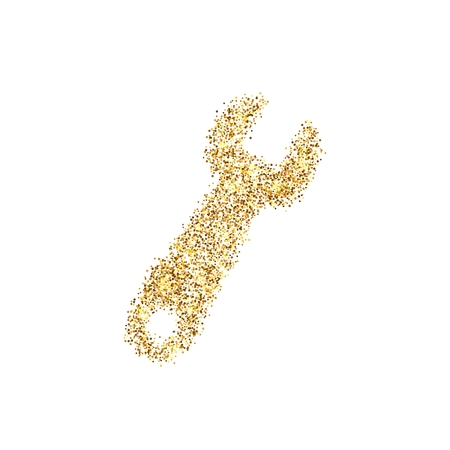 Gold glitter icon of spanner isolated on background. Art creative concept illustration for web, glow light confetti, bright sequins, sparkle tinsel, abstract bling, shimmer dust, foil.の写真素材
