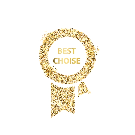 Gold glitter icon of ribbons award isolated on background. Art creative concept illustration for web, glow light confetti, bright sequins, sparkle tinsel, abstract bling, shimmer dust, foil.の写真素材