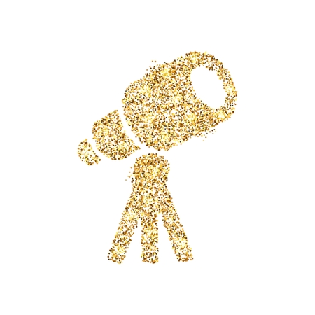 Gold glitter icon of telescope isolated on background. Art creative concept illustration for web, glow light confetti, bright sequins, sparkle tinsel, abstract bling, shimmer dust, foil.の写真素材