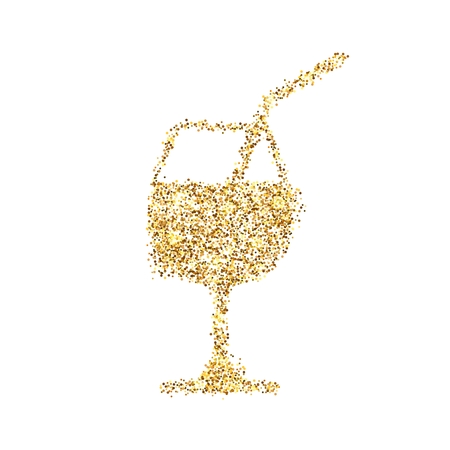 Gold glitter icon of a glass of drink isolated on background. Art creative concept illustration for web, glow light confetti, bright sequins, sparkle tinsel, abstract bling, shimmer dust, foil.の写真素材