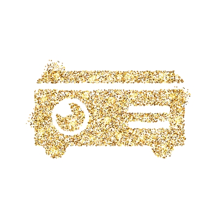 Gold glitter icon of projector isolated on background. Art creative concept illustration for web, glow light confetti, bright sequins, sparkle tinsel, abstract bling, shimmer dust, foil.の写真素材