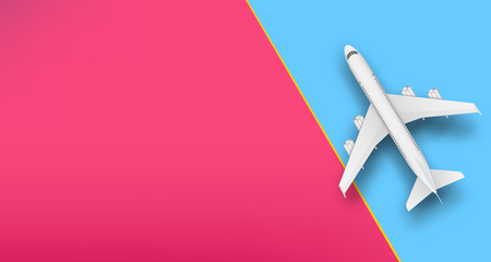 Creative illustration of plane isolated on colorful background. Top view airplane. Travel art design of summer vacation. Copy space for you presentation. Abstract concept graphic element.の写真素材
