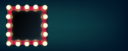 Creative illustration of makeup frame with light, volumetric marquee mirror isolated on background. Art design retro electric bulbs, glowing lamps. Abstract concept graphic element.の写真素材