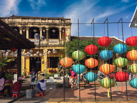 Hoi An, Vietnam, 01302017: Typical historical yellow vietnamese building with colored lanterns in a romantic historical and touristic contextのeditorial素材