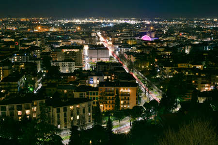 Bergamo, Italy, Dec 14 2019: Panorama from the top of the city of Bergamo at nightのeditorial素材