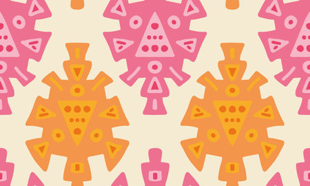 Inca geometrics in soft orange pink and yellow on a beige background