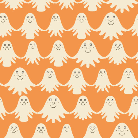 Happy beige white ghosts in horizontal rows on soft orangeのイラスト素材