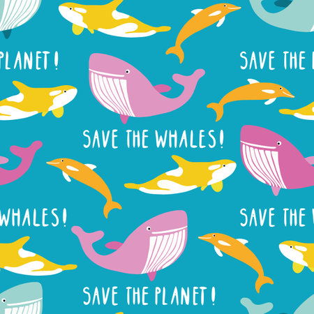 Save the whales Save the planet blue pink yellowのイラスト素材