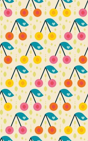 I love pink yellow orange retro cherries with hearts on beige