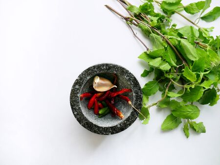 chili , garlic and dried pepper in mortar with holy basil beside on whiteの写真素材