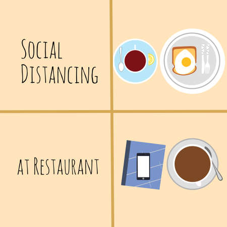 vector design, illustration of physical distancing at restaurant during new normalのイラスト素材